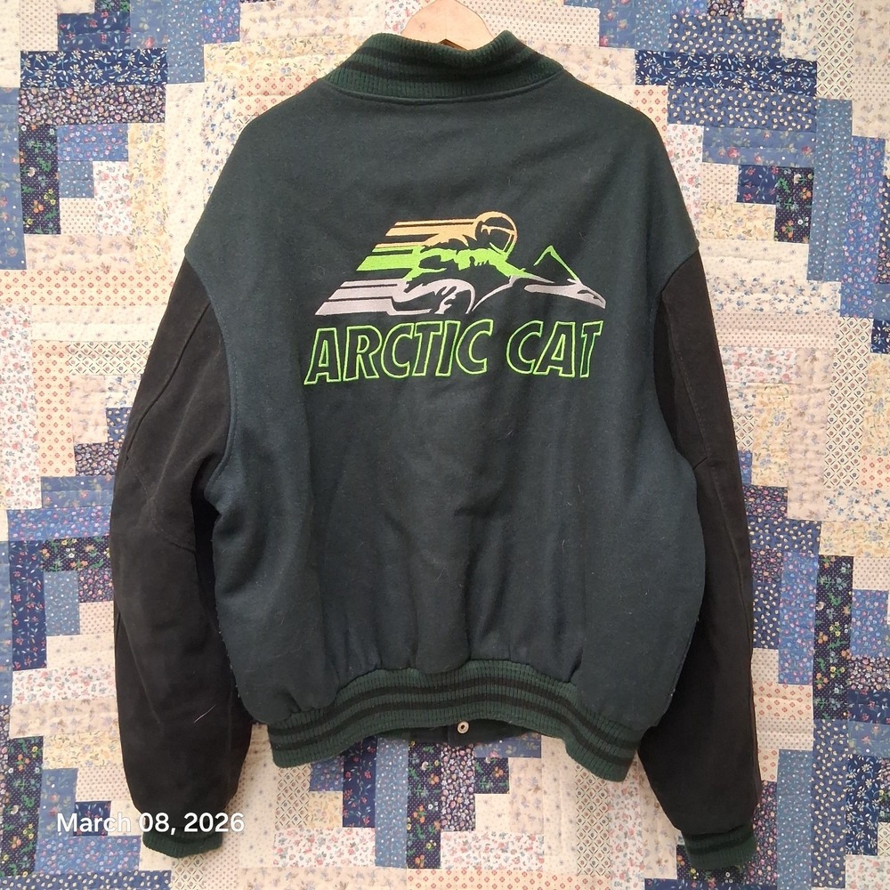 Vintage Arctic Cat Bounty Hunter Wool Leather Varsity Style Jacket SZ XLT Green - Picture 3 of 12